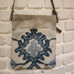 Myra Bag Bewitching Blue & Cream Hairon Leather Canvas Adj Crossbody Bag